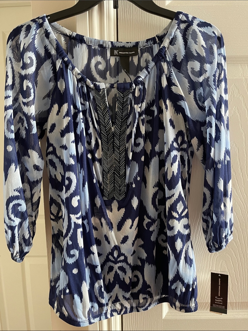 INC International Concepts Navy & Light Blue Ikat Peasant Top